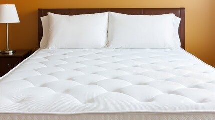 Sleep for Long Life Concept, Comfortable and Relaxing Mattress Set on Cozy Bedroom Bed with Soft Pillows Against Warm Painted Wall