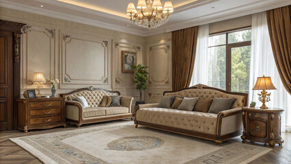 opulent bedroom showcasing a regal four-poster bed, an ornate tufted sofa, and exquisite detailing in gold, creating a serene and luxurious retreat."
