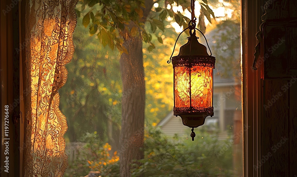 Poster ornate lantern hanging in window with autumn trees in background