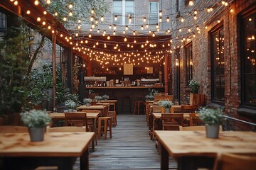 Fototapeta premium Empty cozy cafe with outdoor seating area in the evening