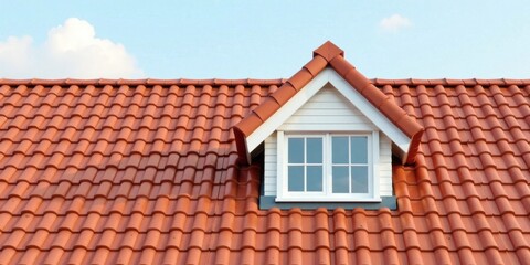A dormer window, framed by pristine white, peeks from beneath a terracotta tiled roof against a tranquil sky.