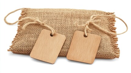Rustic Burlap Sack with Wooden Tags: Natural Crafts, Eco-Friendly Packaging, Blank Labels