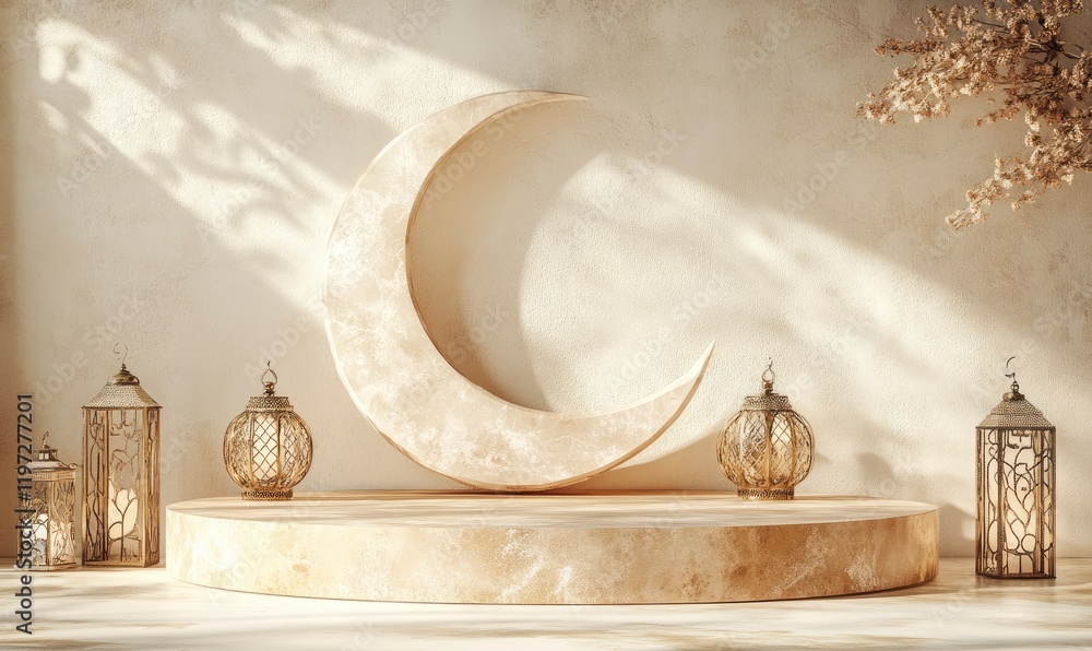 Poster 3d rendering of a podium with ramadan islamic elements as a mock-up background for product presentat