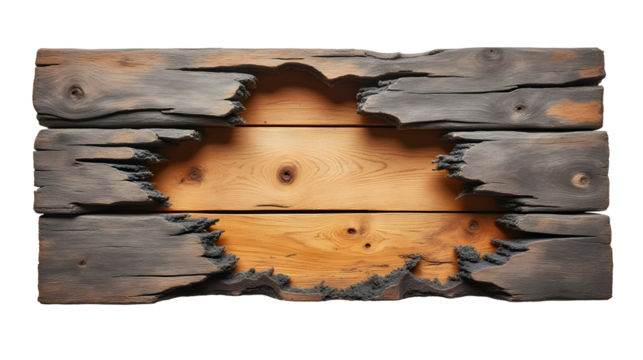Intriguing rustic wooden sign, charred edges reveal a warm, inviting inner core. A unique blend of darkness and light, texture and contrast. Perfect for a rustic design., cut out,transparent backgrou
