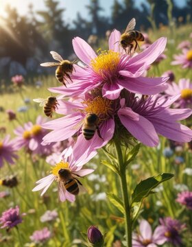 A group of bees landing on an Exora flower in a sunny meadow, leaves, bloom