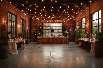 Rustic industrial wedding reception venue with string lights and elegant decor