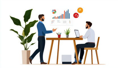 Two men discussing business presentation with charts