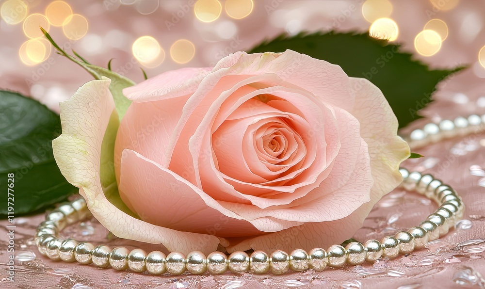 Poster pink rose with pearls on shimmering background with bokeh