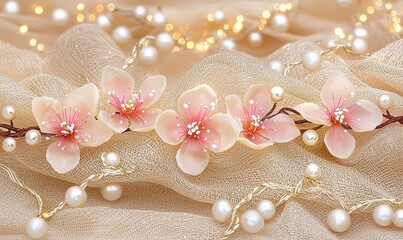 Pink flowers, pearls, and lights on beige fabric, ideal for wedding or beauty themes