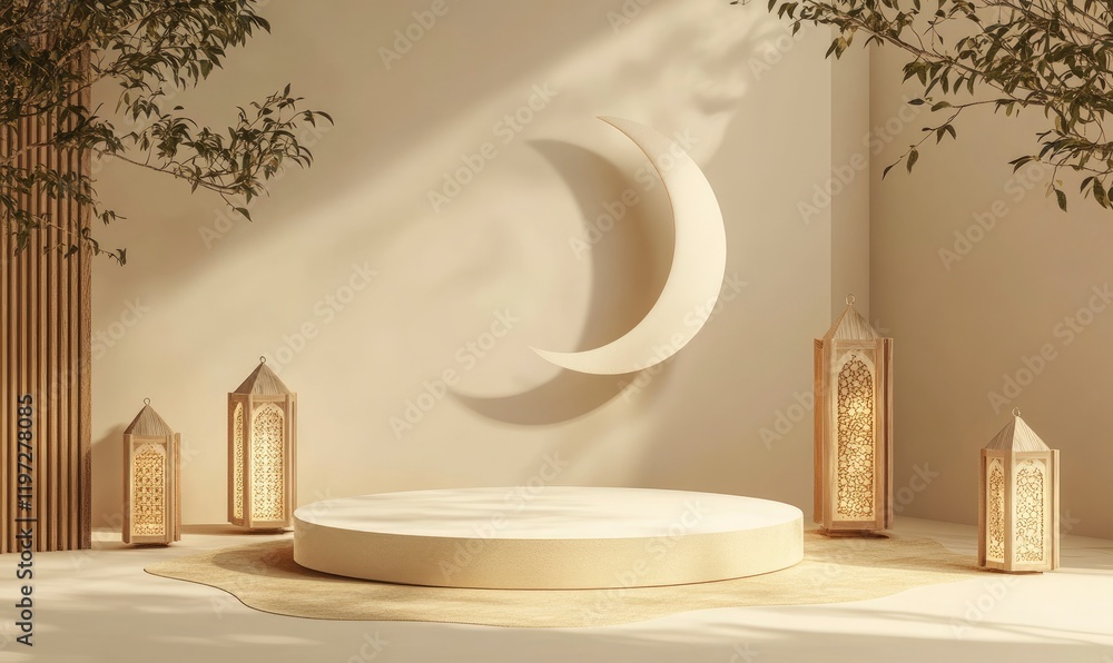 Poster 3d rendering of a podium with ramadan islamic elements as a mock-up background for product presentat