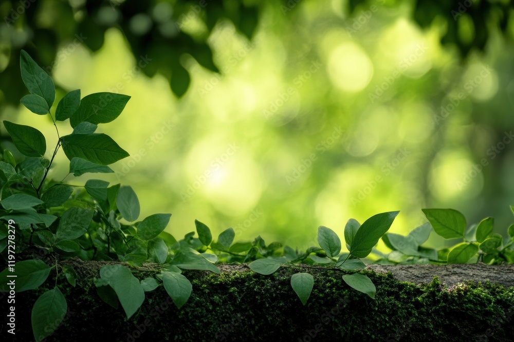 Aufkleber Natural green leaves creating a serene atmosphere with ample space for text placement in a blurred background. Generative AI