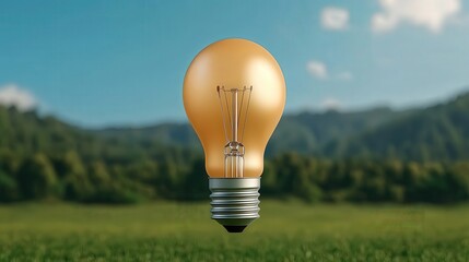 Bright Light Bulb Illuminating Grassy Field Under Clear Blue Sky Symbolizing Ideas Inspiration Nature and Eco Friendly Concepts in Outdoor Setting