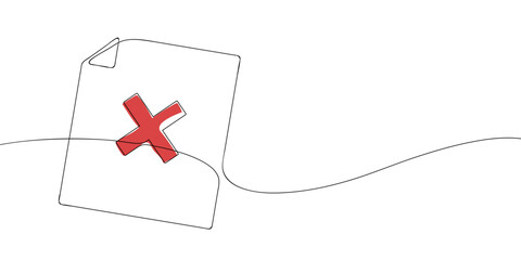 A single line drawing of a file with cross symbol. Continuous line cross icon in color. One line icon. Vector illustration.