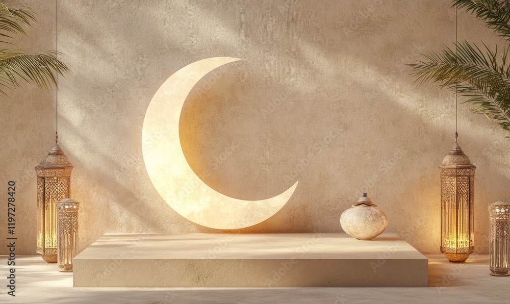 Poster 3d rendering of a podium with ramadan islamic elements as a mock-up background for product presentat