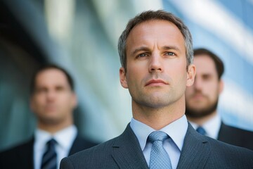 Fototapeta premium Confident business leaders stand together in a modern urban setting with a focus on their leadership presence and teamwork