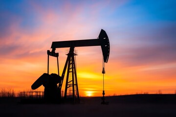 Oil pump jack silhouetted against a colorful sunset in a rural landscape