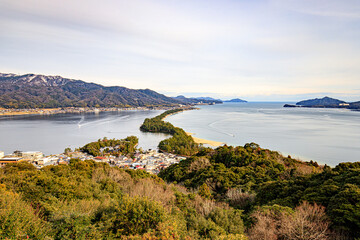 Fototapeta premium One of The Three Most Scenic Spots of Japan: Amanohashidate Sandbar and Scenic Coastal Panorama, Amanohashidate, Kyoto, Japan