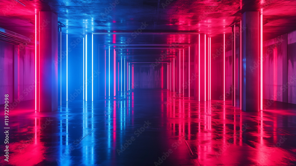Aufkleber 3d rendering of neon blue and red lights illuminating a dark empty room with concrete floors and col