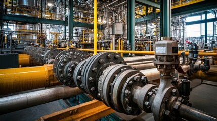 A detailed look at an industrial boiler's steam valves and piping systems, highlighting the complexity of petrochemical operations.