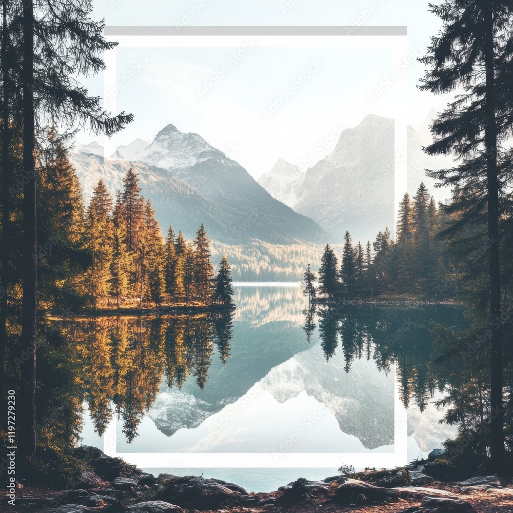 Aufkleber Stunning mountain lake view with clear reflection and surrounding trees creating ideal space for text. Generative AI