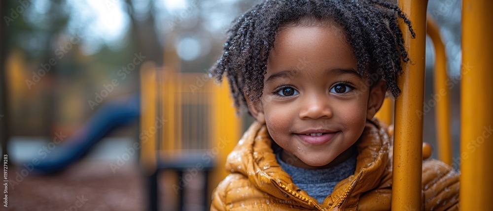 Poster a smiling child in a playground, showcasing joy and playfulness in a natural setting.