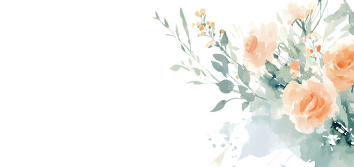 Vector watercolor flower border banner. Spring roses flower frame with leaves, yellow grass flowers. Cards, invitations, decorative border wreath. Wedding, mother's day, valentine's day,Women's D