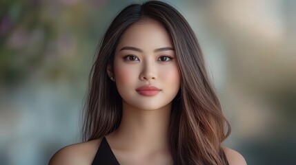 Elegant Portrait of a Woman with Long Brown Hair Dressed in a Stylish Black Top Exuding Confidence and Charm in a Soft Natural Setting