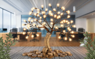  Illuminating Success Through Financial Growth. A decorative tree with a trunk of stacked coins and glowing lights, representing how financial stability can lead to a bright future and success.