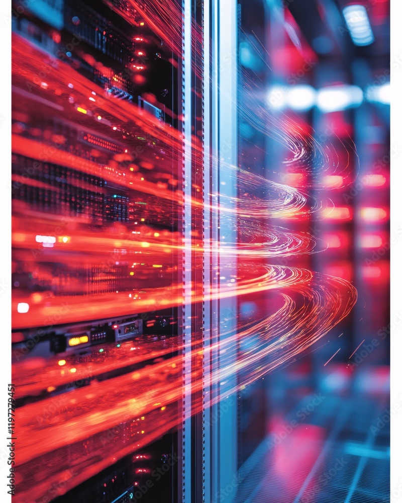Poster dynamic data streams server room network technology red blue lights