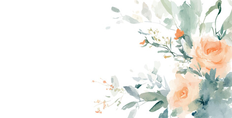 Vector watercolor flower border banner. Spring roses flower frame with leaves, yellow grass flowers. Cards, invitations, decorative border wreath. Wedding, mother's day, valentine's day,Women's D