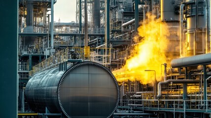 Industrial boiler's steam output captured from an angle, showing its significance in the overall operations of a petrochemical plant.