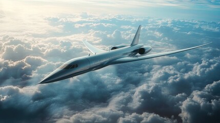 Naklejka premium Supersonic Jet Above Cloudscape: A Vision of Future Flight