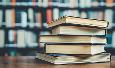 Fototapeta premium Stack of books on library table with bookshelf background, ideal for education or knowledge concepts