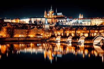 Obraz premium A peaceful nighttime view of the Vltava, with Prague Castle and the Charles Bridge illuminated by golden lights reflecting on the water