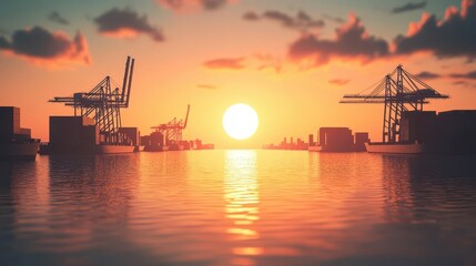 Obraz premium Shipping dock glowing with active cranes, efficiency in cargo handling, 3D illustration