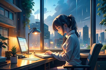Lofi studying at desk. Rain outside, chill, atmospheric wallpaper background lo-fi, hip-hop style. Anime manga style.
