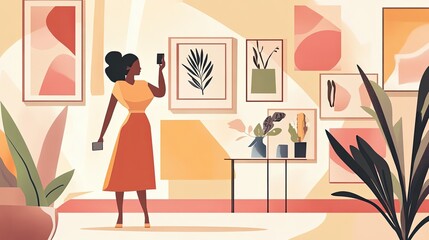 Woman photographs artwork in modern art gallery