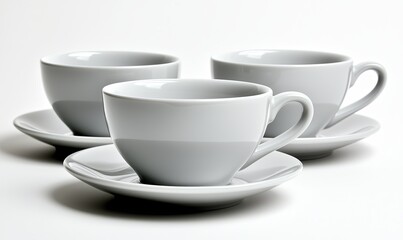 Three empty white teacups on saucers on a white background, simple modern tableware