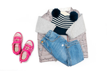 Baby children clothes,clothing:vest,warm jumper,sweater,jeans pants,knitted cap,sneakers,for spring,autumn,winter.Fashion girls kids outfit.Flat lay,top view on white background