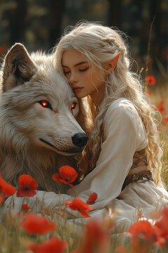 
An elf girl with long blonde hair and ears, in a white dress, sitting in a field, hugging a snow-white wolf with bright red eyes. The field is covered in red flowers, creating a magical atmosphere.