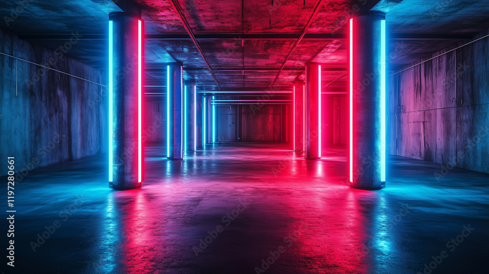 Aufkleber 3d rendering of neon blue and red lights illuminating a dark empty room with concrete floors and col