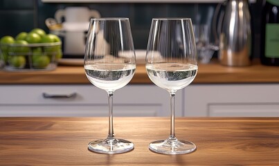Two wine glasses with white wine on kitchen counter