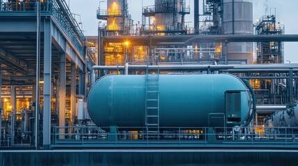 An industrial boiler operating efficiently amidst the backdrop of a busy petrochemical plant, highlighting its importance in production.