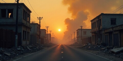 Fototapeta premium Sun-drenched Desolation A Lonely Road Through the Ruins of an Abandoned Settlement at Dawn