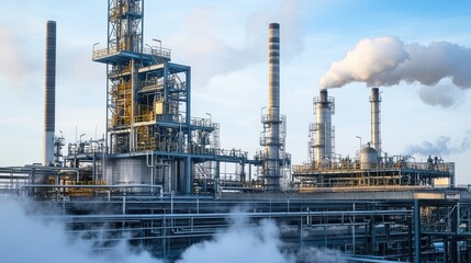 Fototapeta premium An industrial boiler venting steam into the atmosphere, surrounded by complex pipelines and control systems in a petrochemical facility.