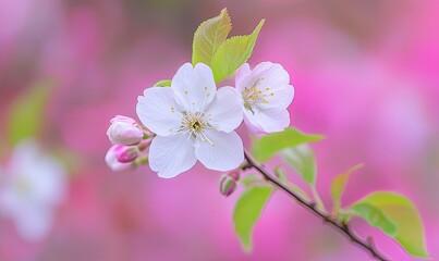 White cherry blossoms bloom on a branch against a soft pink background, ideal for spring themes