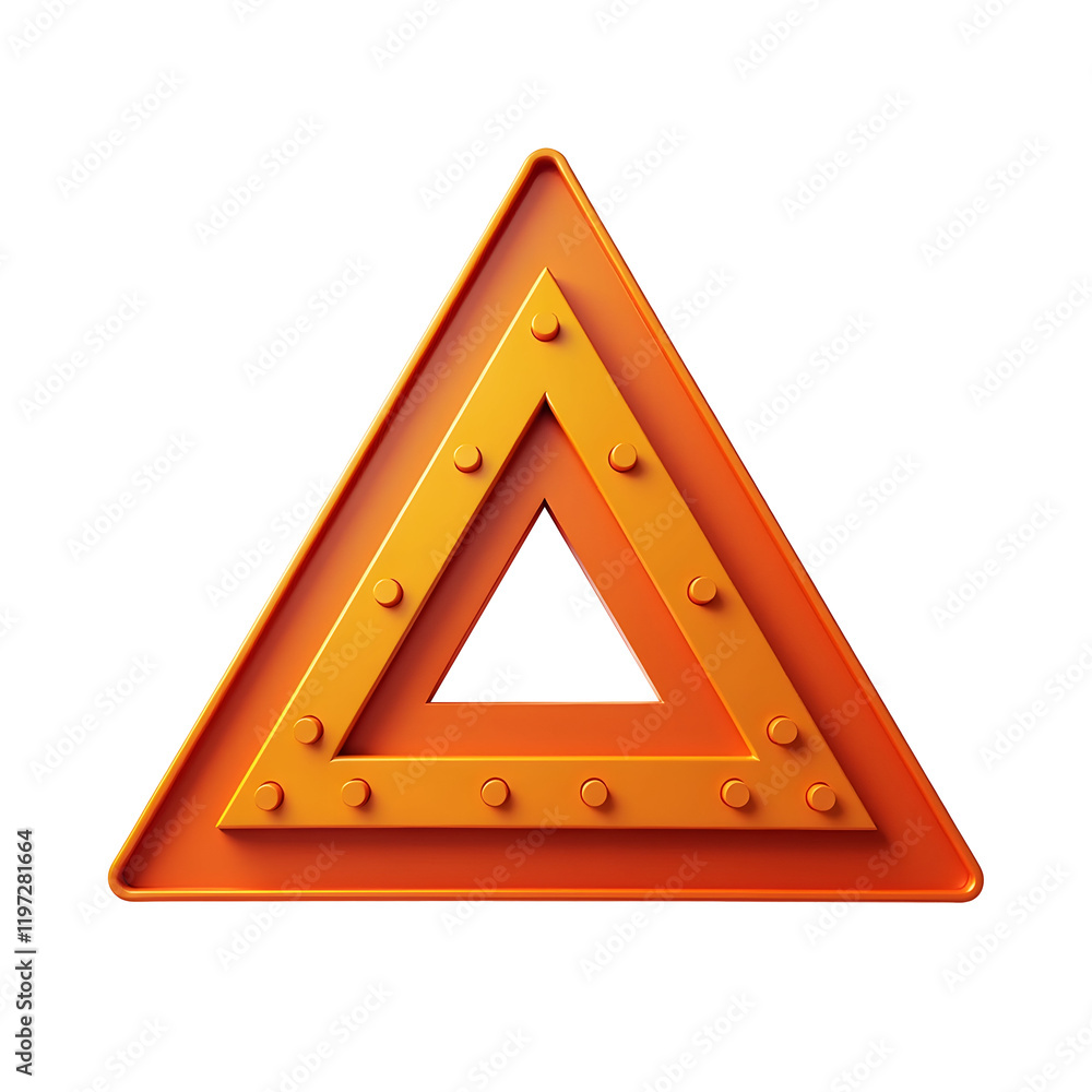 Poster a striking, 3d-rendered orange triangle warning sign, meticulously detailed with rivets. its bold fo