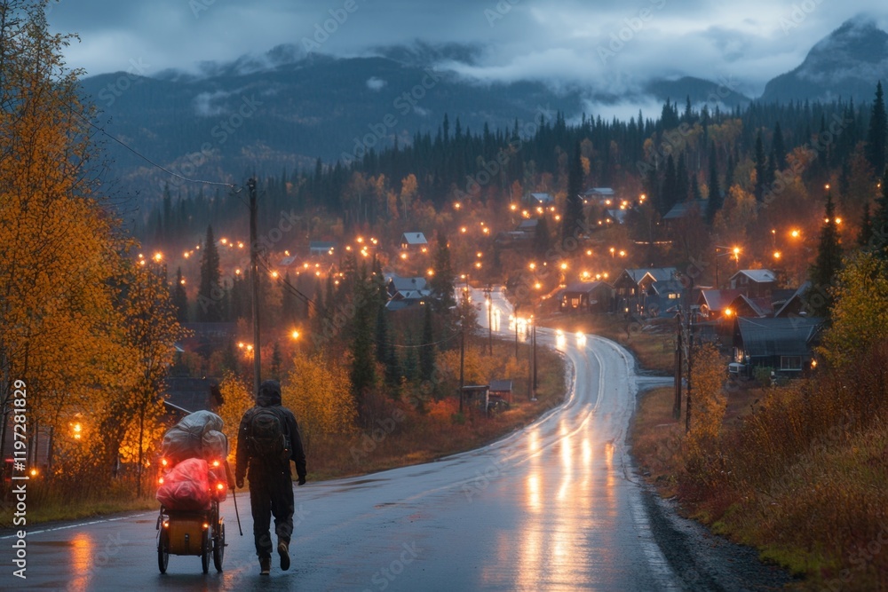 Poster a person walking alone on an empty road at dusk, their vulnerability to the unknown emphasized by th