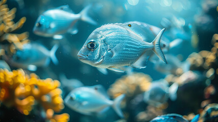 colorful marine fish in the underwater landscape of a coral reef in the tropical ocean