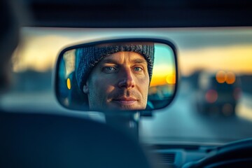 Bus driver driving in reverse while looking in rear view mirror. Generative AI
